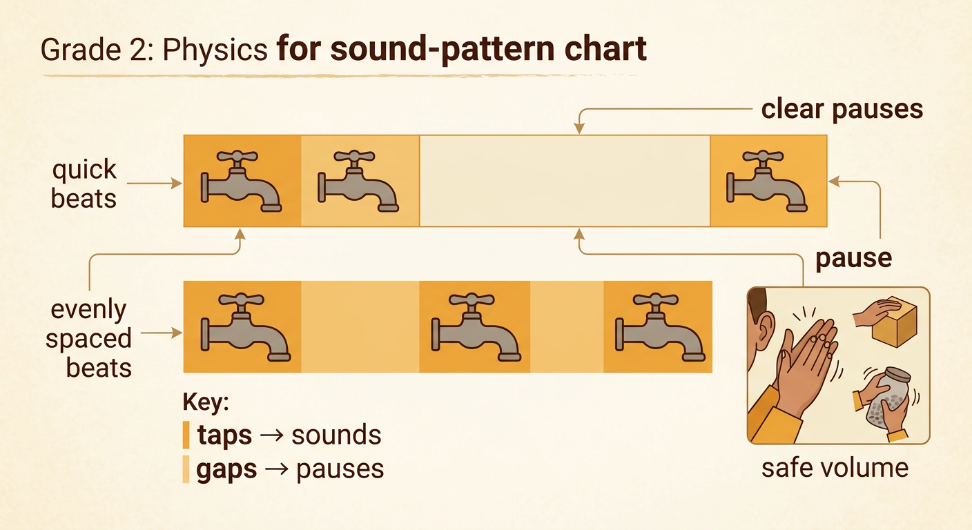 A child compares quick beats with evenly spaced beats while a partner copies the patterns.