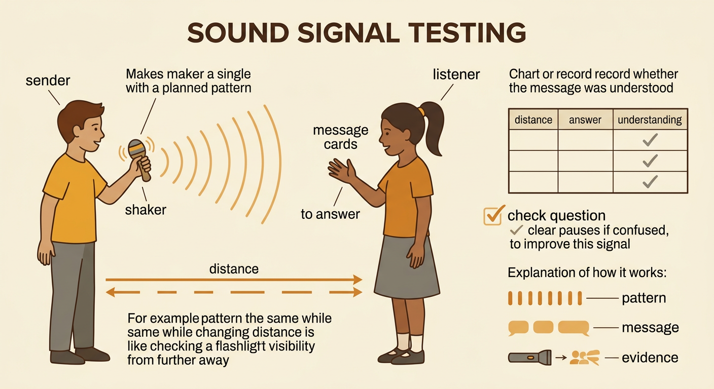 A sender tests a sound device with a listener at two distances while classmates record evidence.