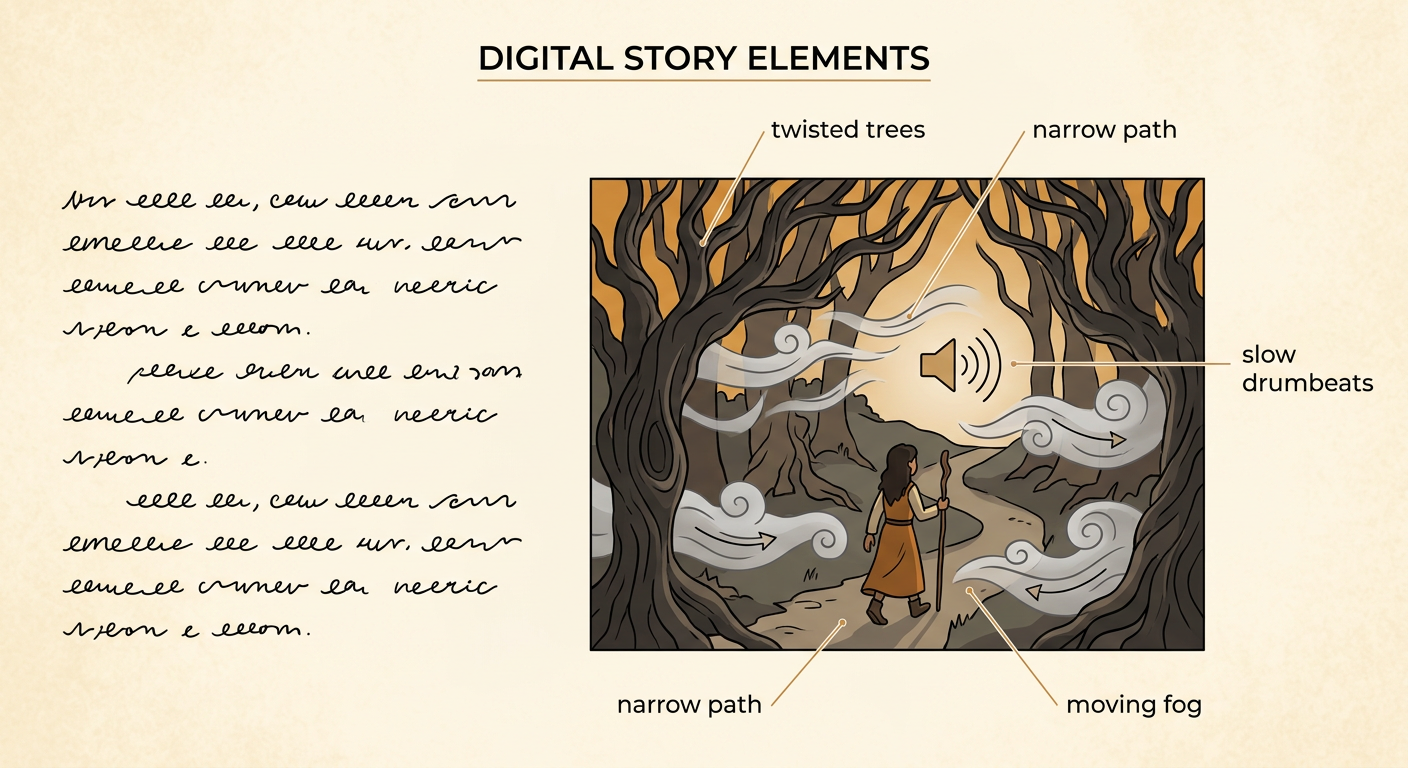 A digital folktale screen shows Maya entering a dark forest with twisted trees, a narrow path, drifting fog, and drumbeat symbols.