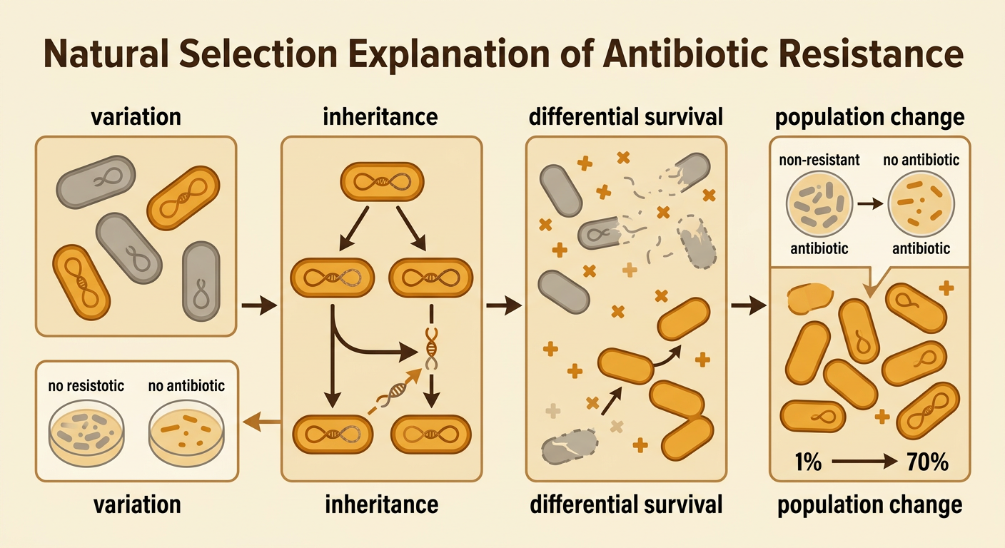A four-step natural selection diagram traces inherited bacterial variation to a resistant population across generations.