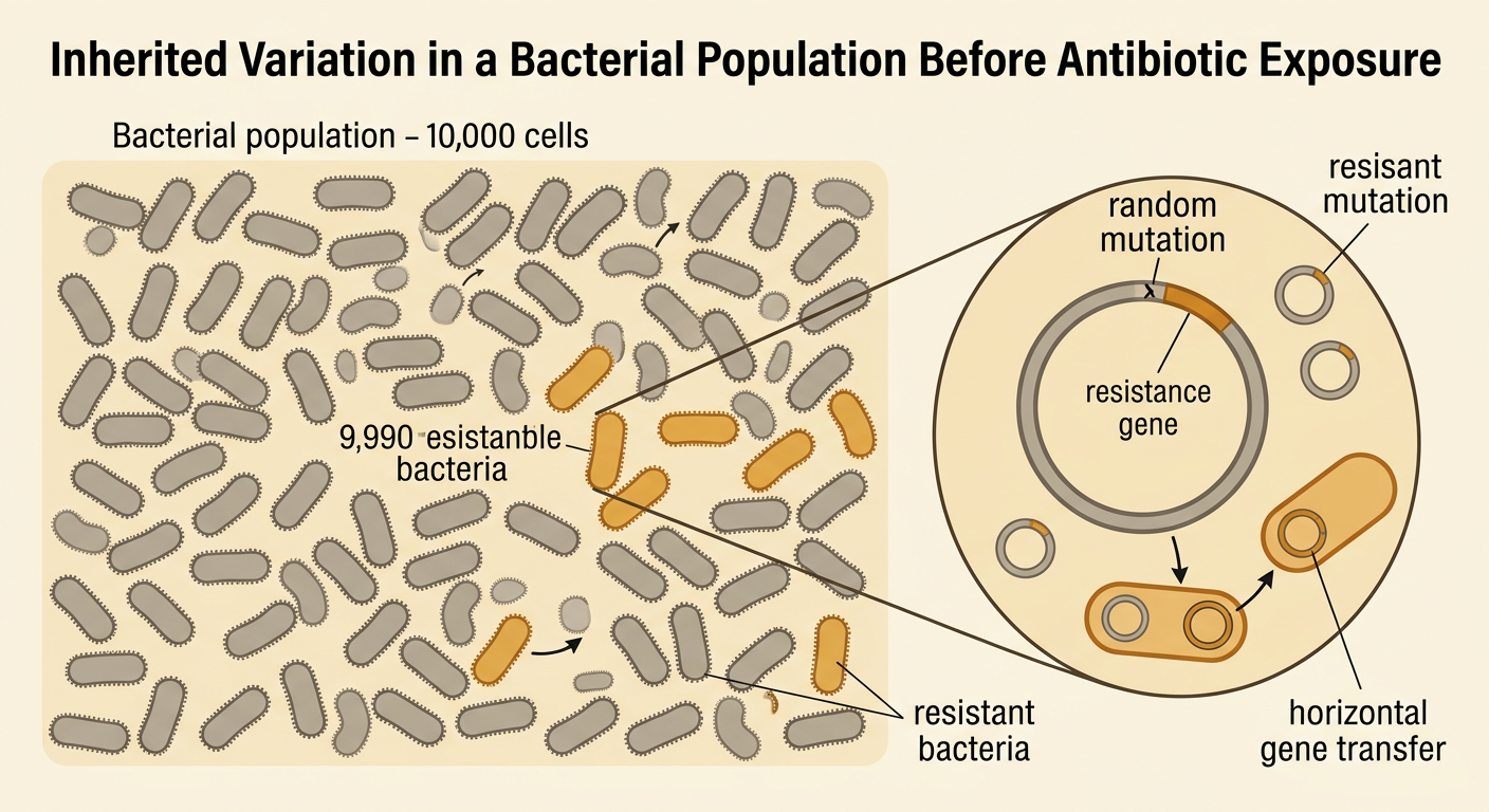 A bacterial population diagram shows many susceptible cells, a few resistant cells, and two ways resistance variation can arise.