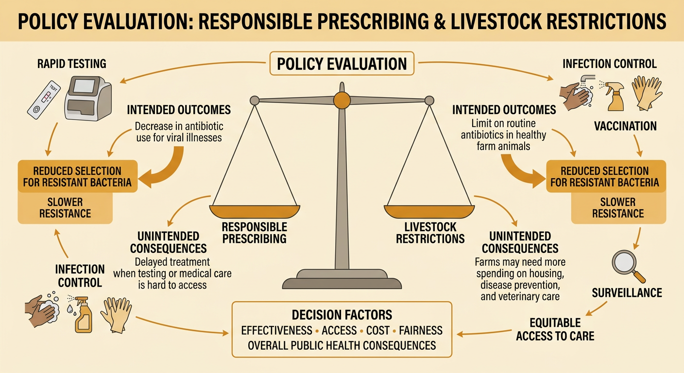 A public health strategy map connects medical and agricultural policies for slowing antibiotic resistance.
