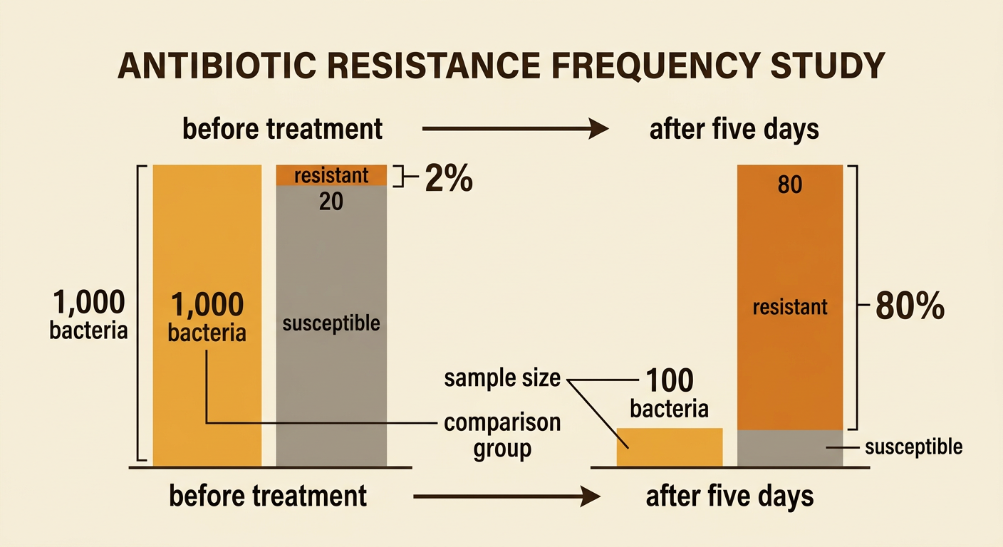 A paired graph compares bacterial totals and resistance percentages before treatment and after five days.