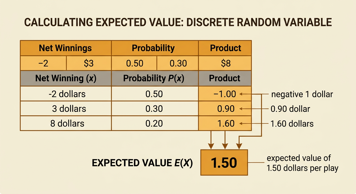 A calculation diagram shows each game outcome multiplied by its probability and then summed.