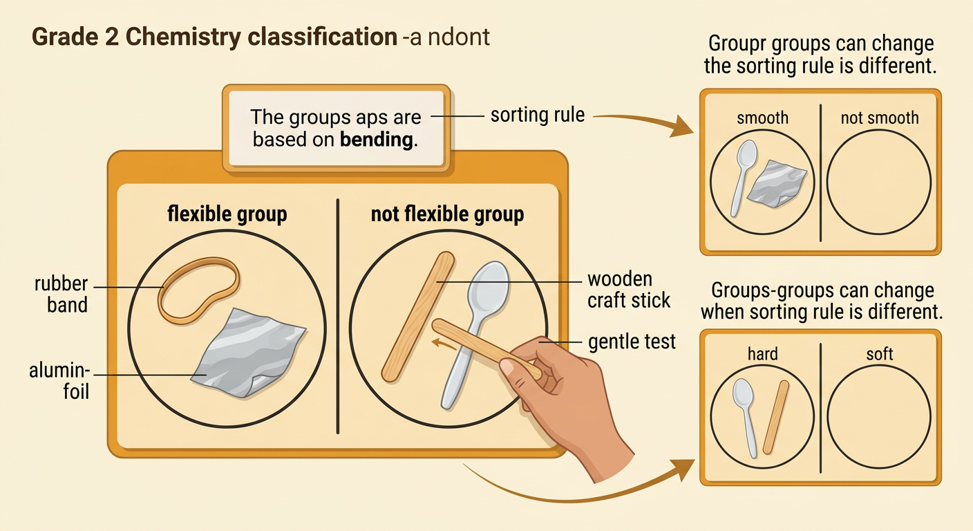 A sorting mat places a rubber band and aluminum foil in one circle and a wooden craft stick in another circle.