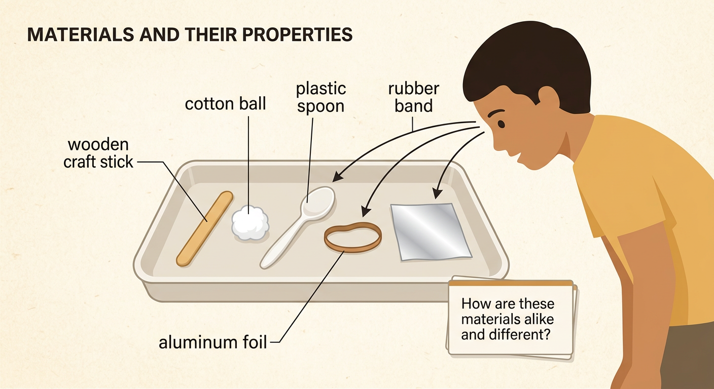 Five safe classroom samples sit side by side on a table with a child looking closely at them.