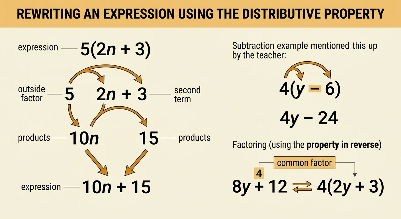 Arrows show 5 distributing to both terms in 5(2n + 3), while a reverse arrow factors 8y + 12.