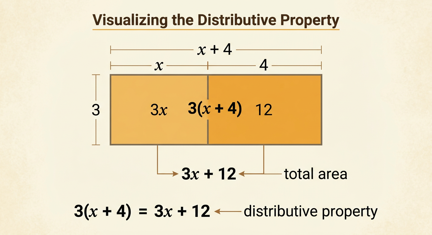 A rectangle of height 3 is divided into widths x and 4, creating areas 3x and 12.