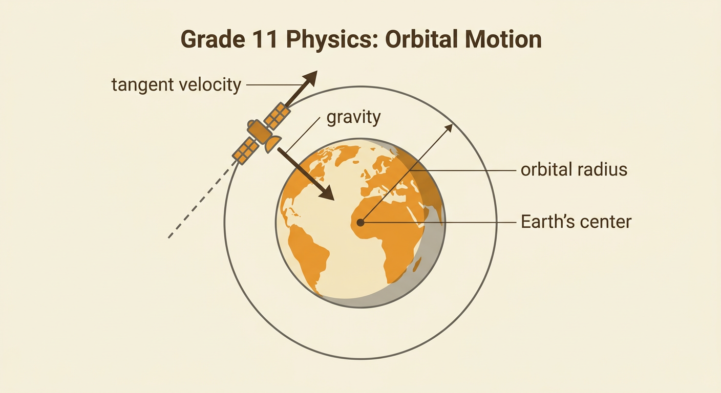 A satellite circles Earth with tangent velocity and inward gravity shown at a measured orbital radius.