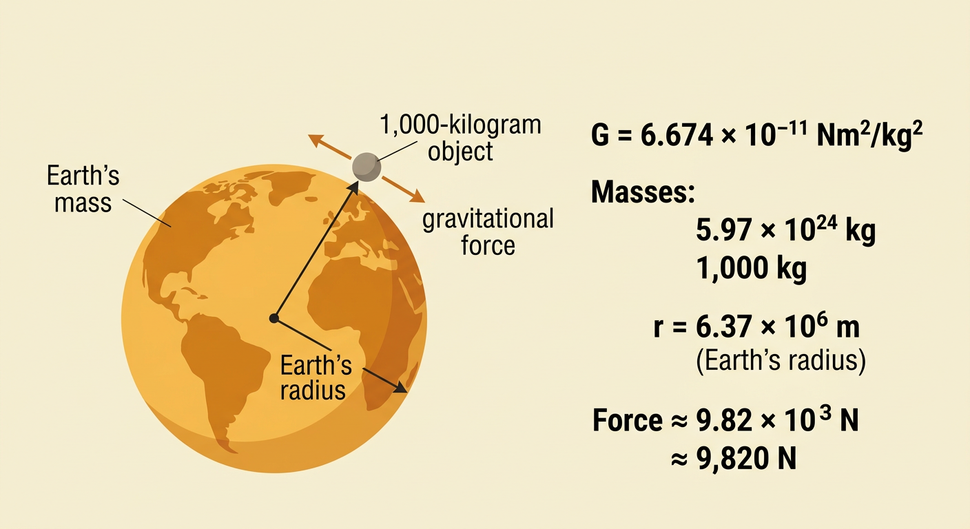 A 1,000-kilogram object above Earth is paired with a labeled substitution into the gravitational-force equation.