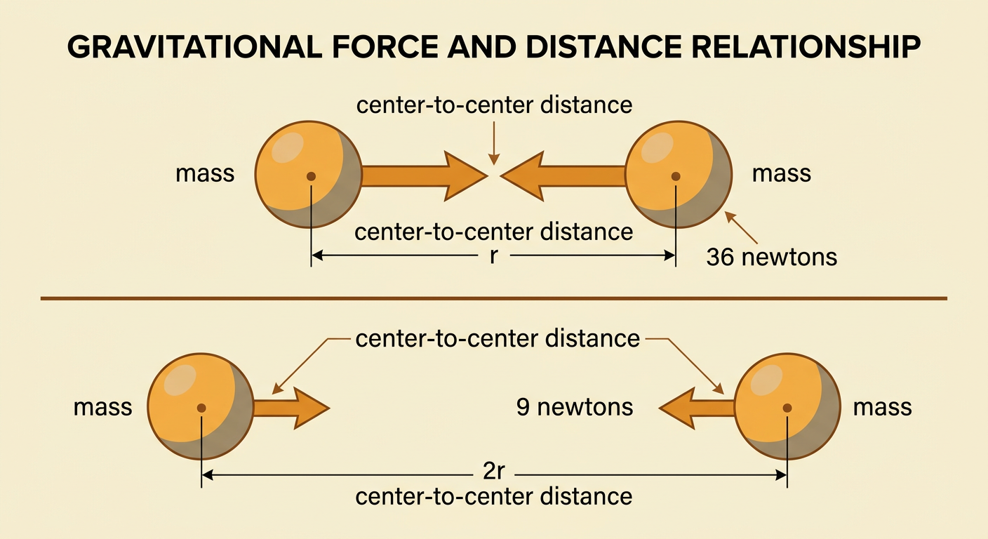 Two pairs of objects show a force of 36 newtons at distance r and 9 newtons at distance 2r.