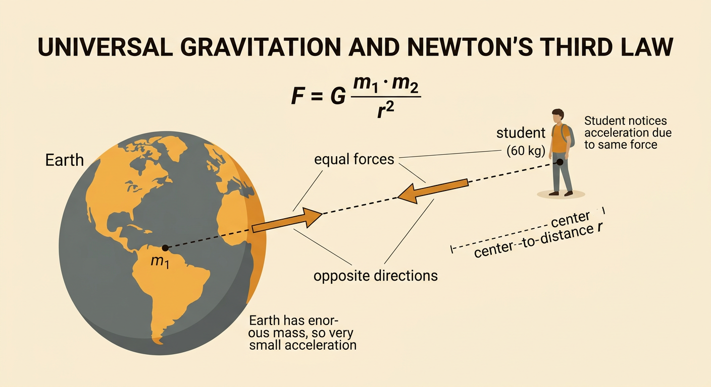 Earth and a student pull on each other with equal force arrows pointing in opposite directions.