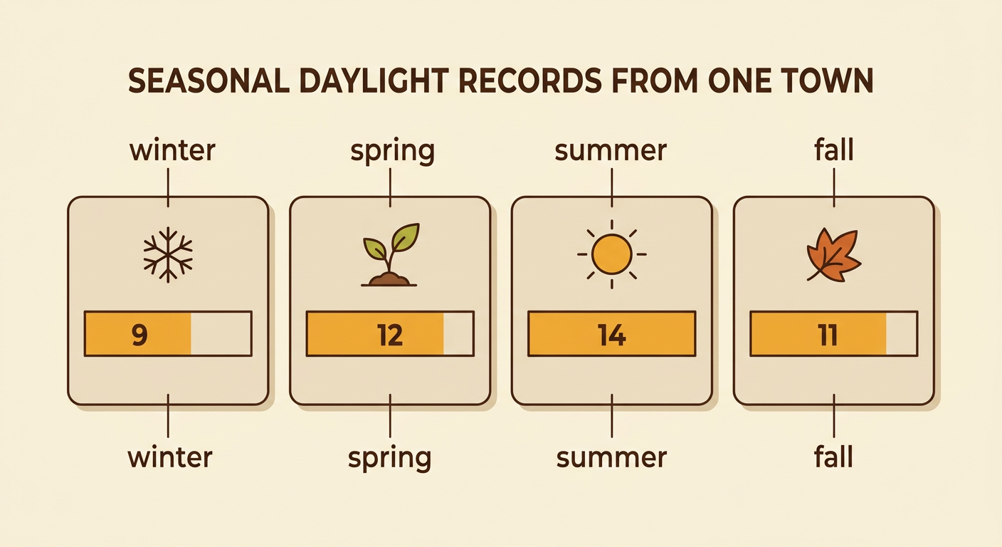 A four-season record shows 9 daylight hours in winter, 12 in spring, 14 in summer, and 11 in fall for one town.