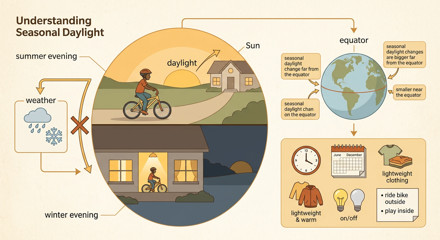 A split scene shows a child biking after dinner in a bright summer evening and before dinner in a darker winter evening.