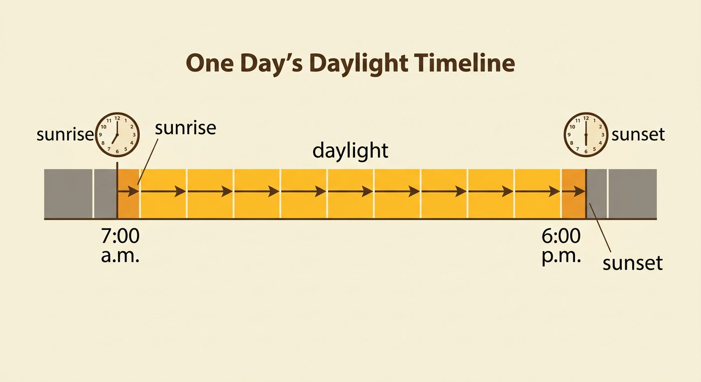 A morning-to-evening timeline shows the Sun appearing at 7:00 a.m., daylight across the day, and the Sun disappearing at 6:00 p.m.