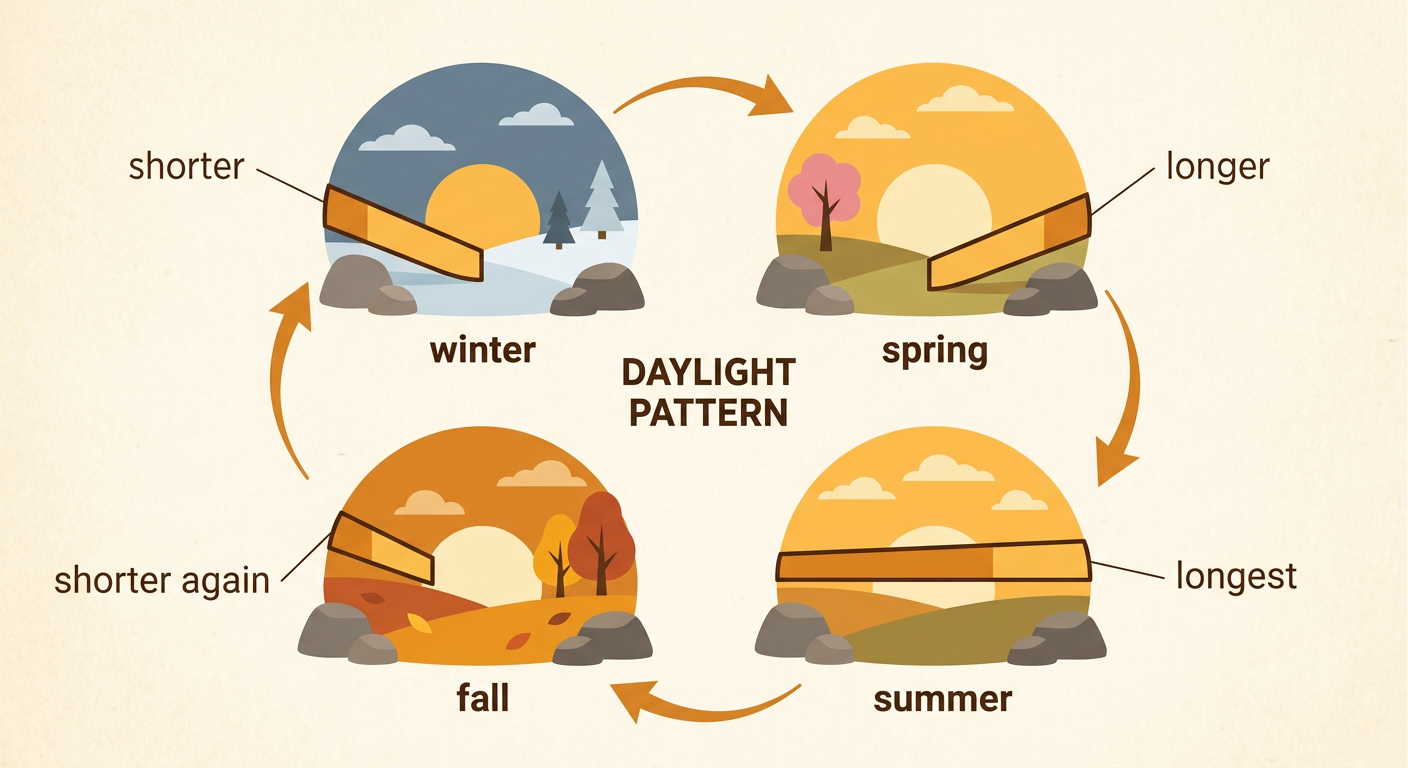 A circular seasonal diagram follows daylight from shorter in winter to longer in spring, longest in summer, and shorter again in fall.