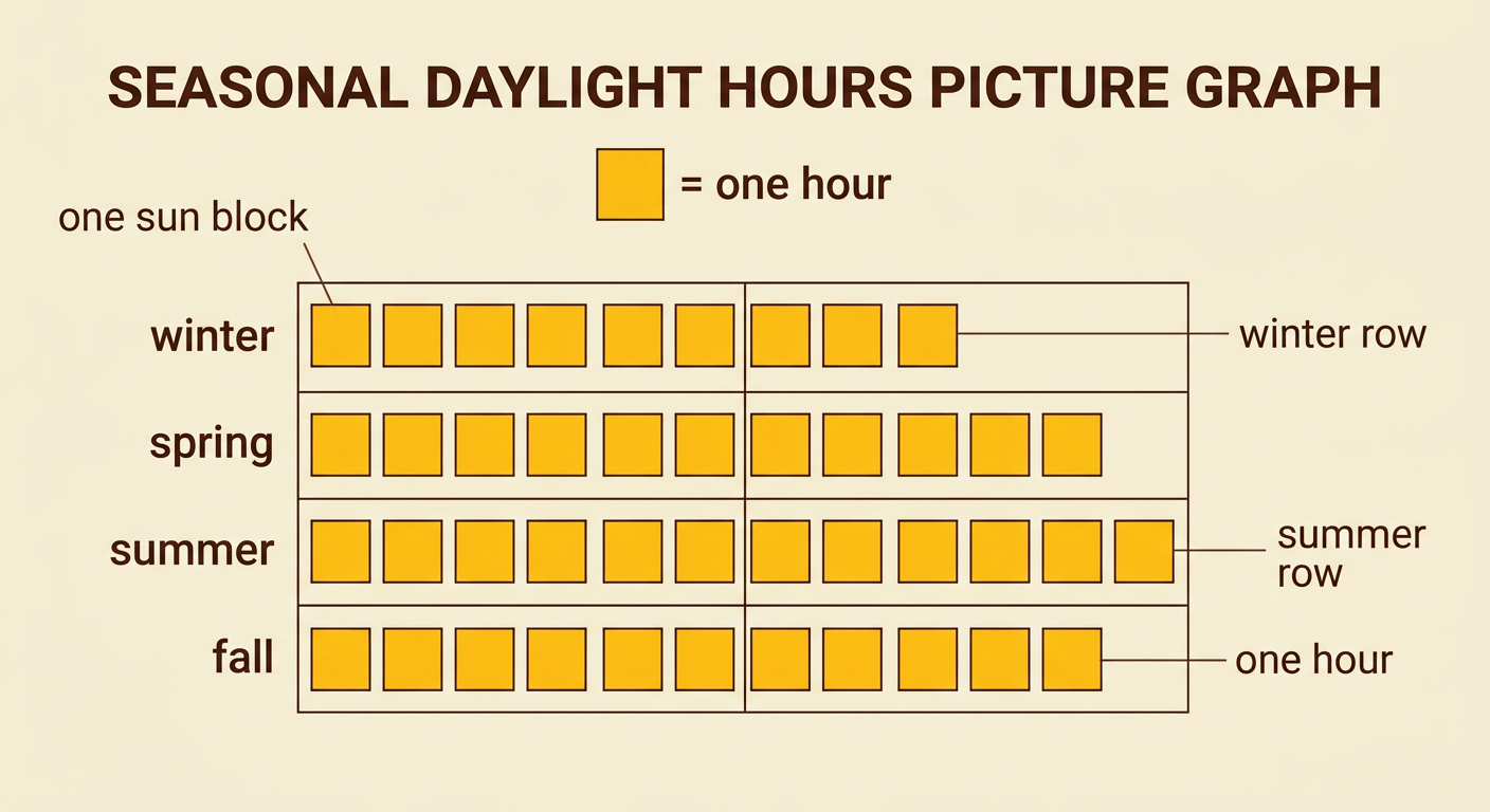 A picture graph uses straight rows of sun blocks to compare 9 winter daylight hours with 14 summer daylight hours.