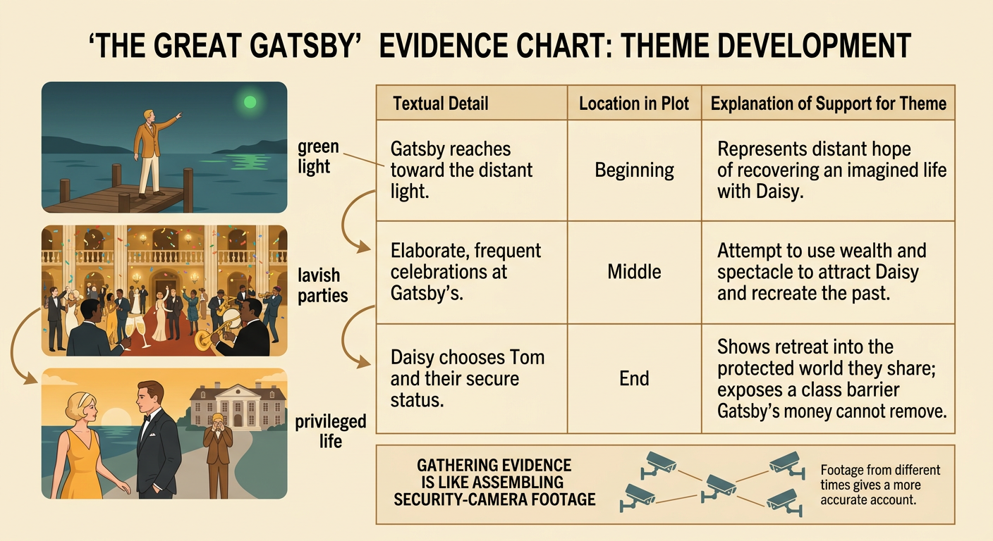 A three-step evidence path shows Gatsby reaching toward a light, hosting parties, and watching Daisy return to wealth.