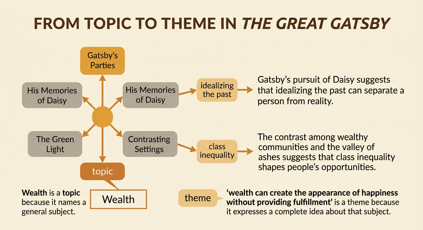 A diagram contrasts a one-word subject with two complete thematic insights from The Great Gatsby.