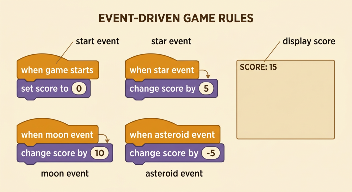 Colorful code blocks connect the start, star, moon, and asteroid events to score instructions beside a visible game score.