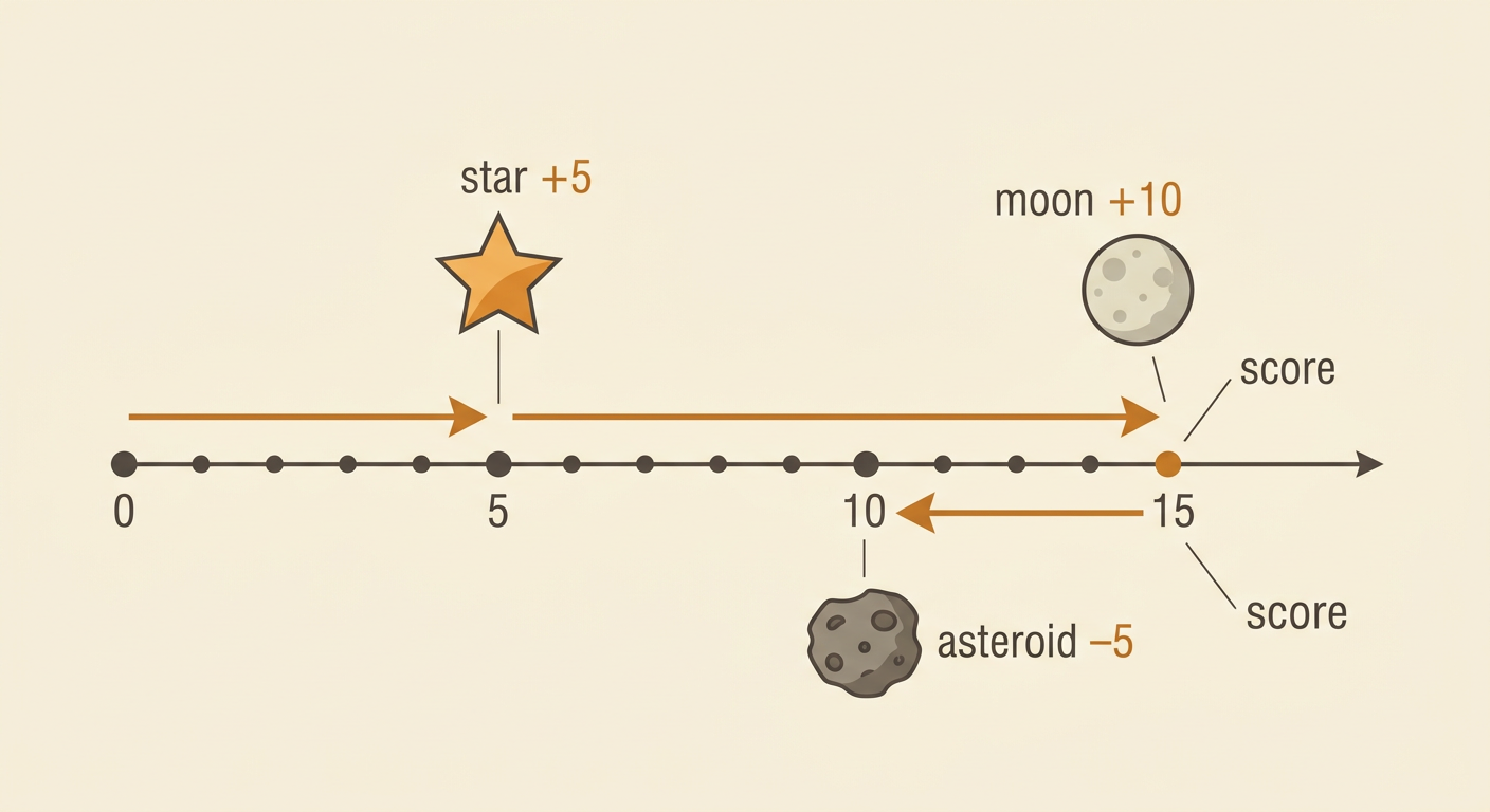 A space game screen shows a player moving past a star, a moon, and an asteroid while the score changes from 0 to 5 to 15.