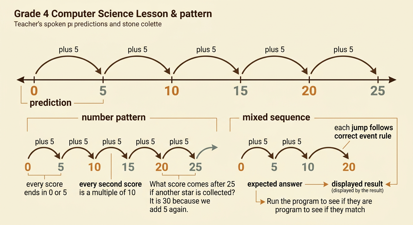 Two number paths show an add-5 star pattern and a mixed sequence with two stars followed by one moon.