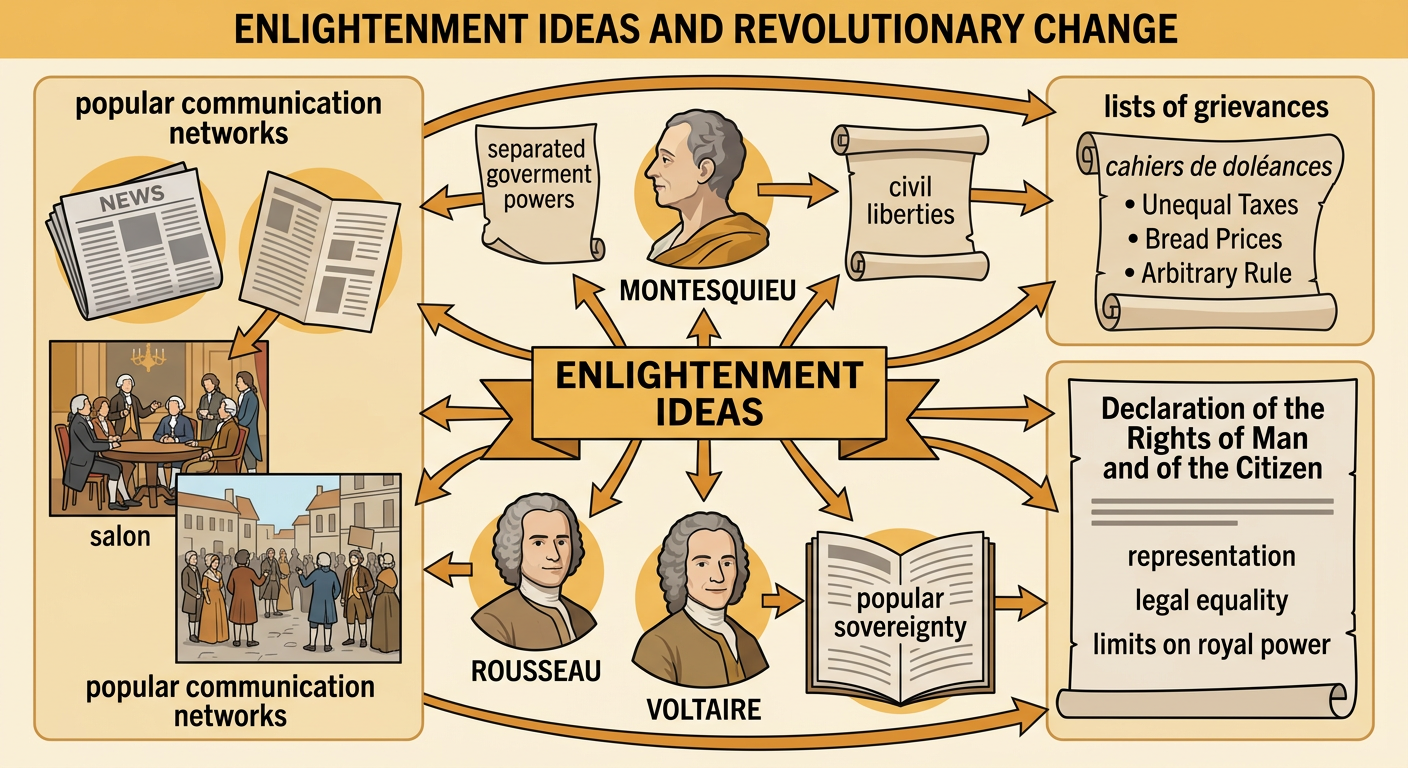 Citizens read Enlightenment pamphlets and turn local grievances into demands for rights and representative government.