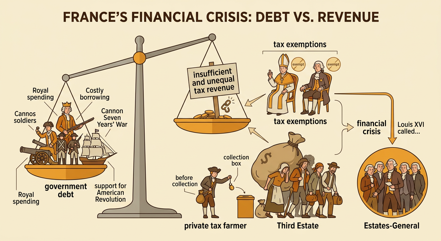 A financial flow diagram shows war costs, mounting debt, exemptions, and the burden placed on the Third Estate.