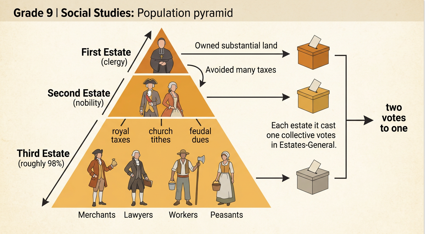 A social pyramid shows the three estates, their relative populations, and their unequal voting power.