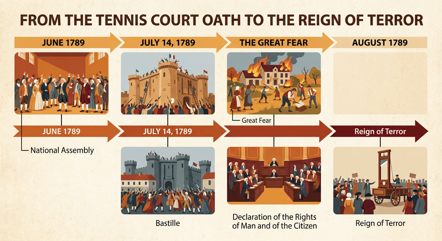 A timeline traces the Revolution from the National Assembly and Bastille to the Great Fear and Reign of Terror.