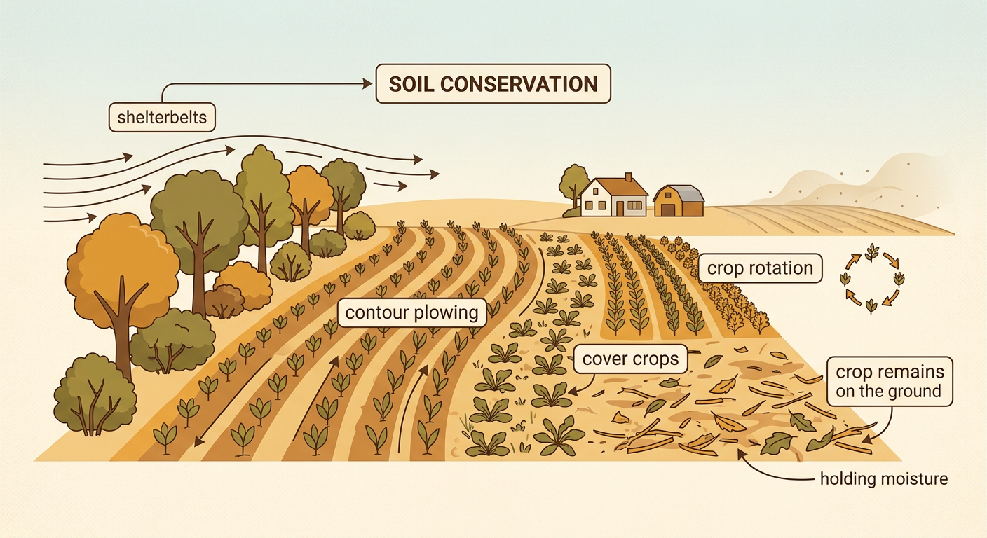 A protected farm uses tree rows and several soil conservation methods to keep earth in place.
