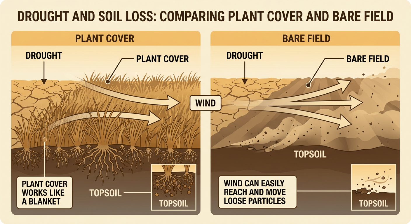 A split view compares a protected field with plant cover to a dry bare field during drought.