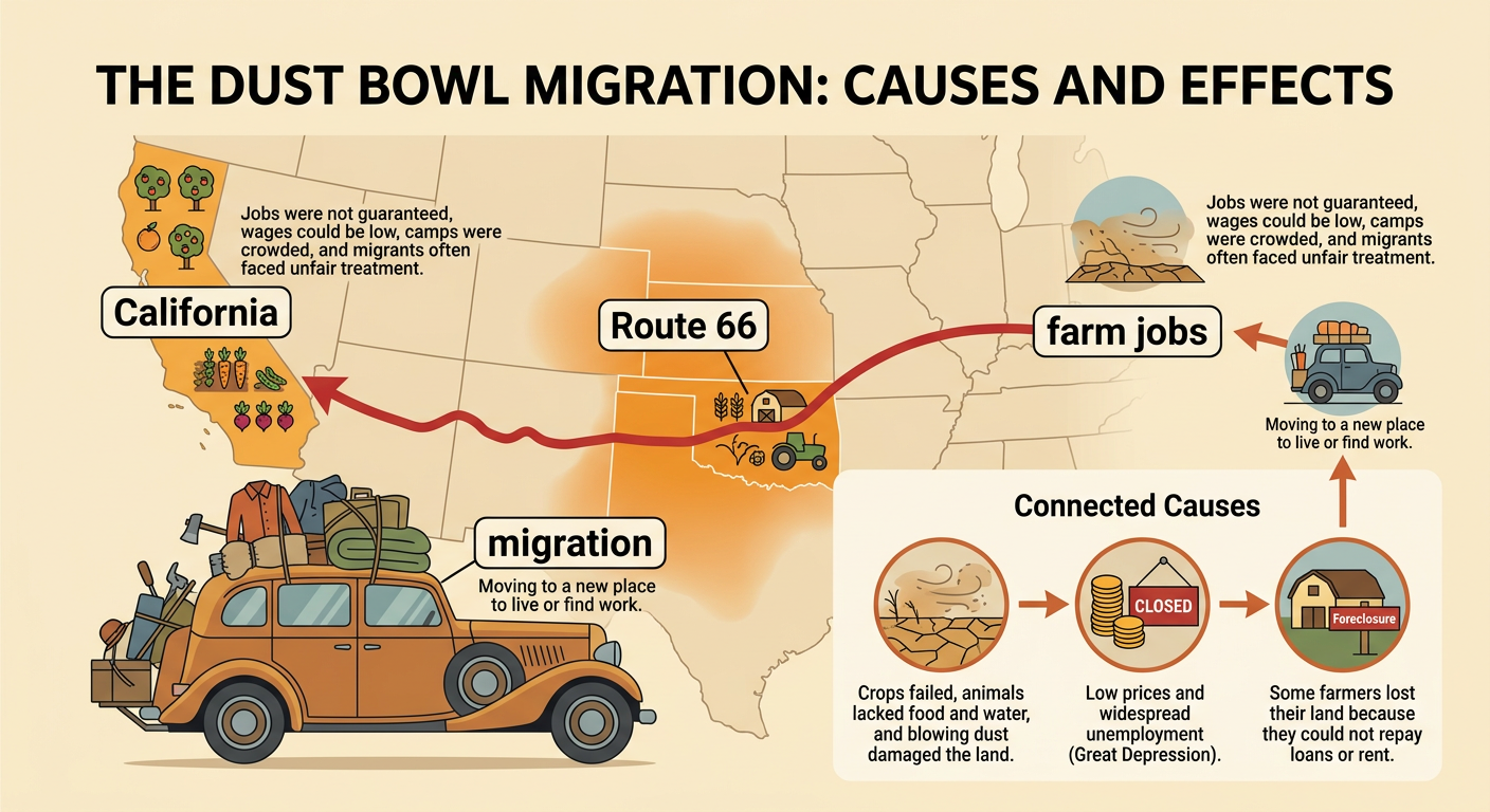 A family with belongings tied to its car follows Route 66 from Oklahoma toward California farm work.