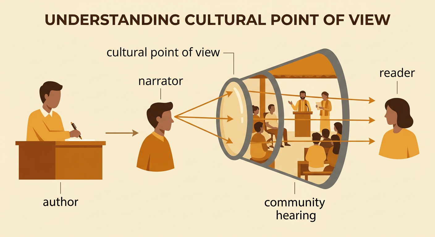 A narrator’s cultural lens frames an organized Igbo community hearing while the author stands separately as the creator of the narrative voice.