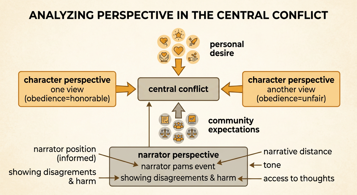 Two characters view the same communal ceremony differently as narrative techniques shape the conflict between individual and community values.