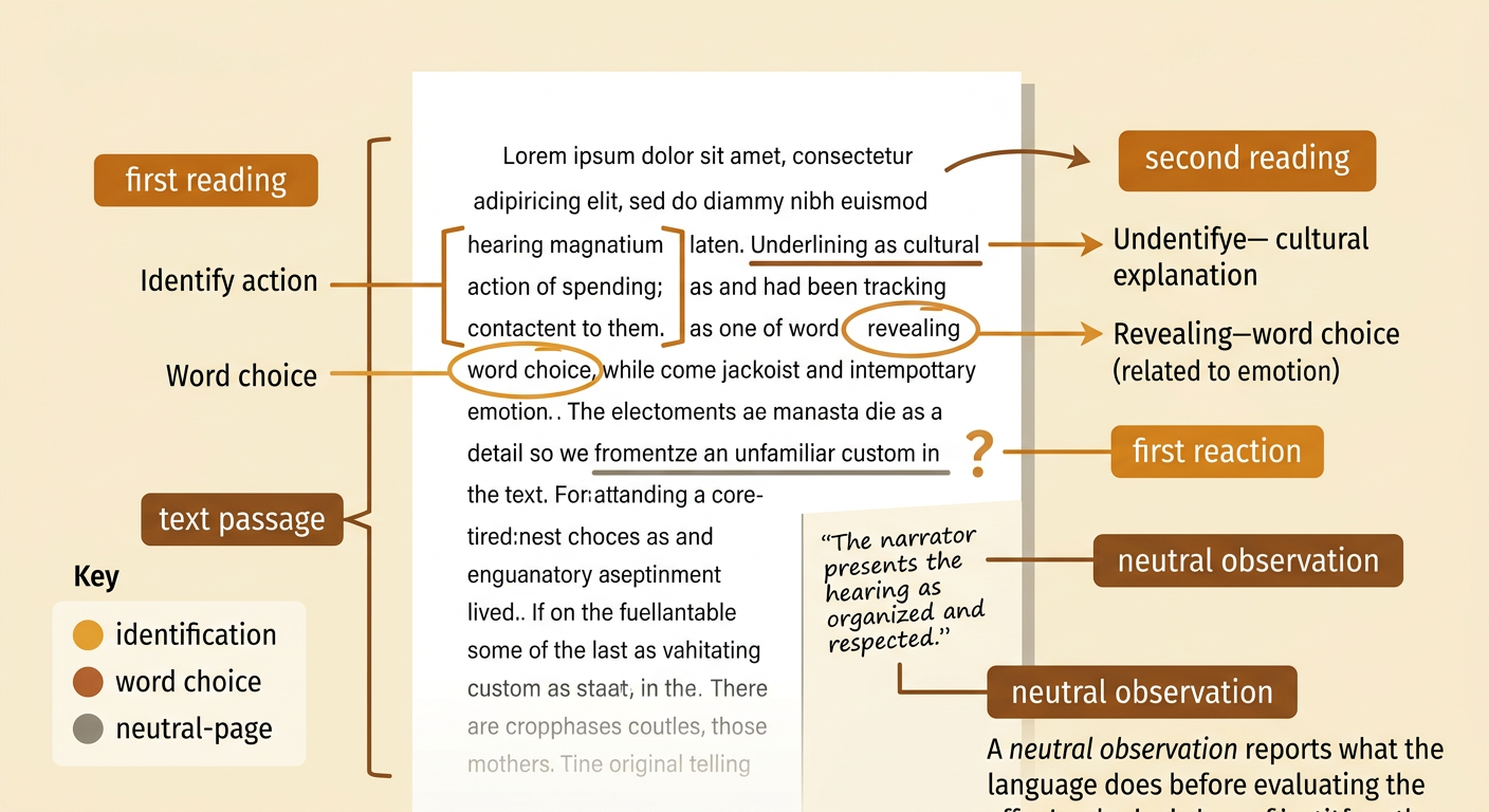 An annotated literary passage shows separate marks for an initial reading, a close rereading, an objective note, and a personal response.