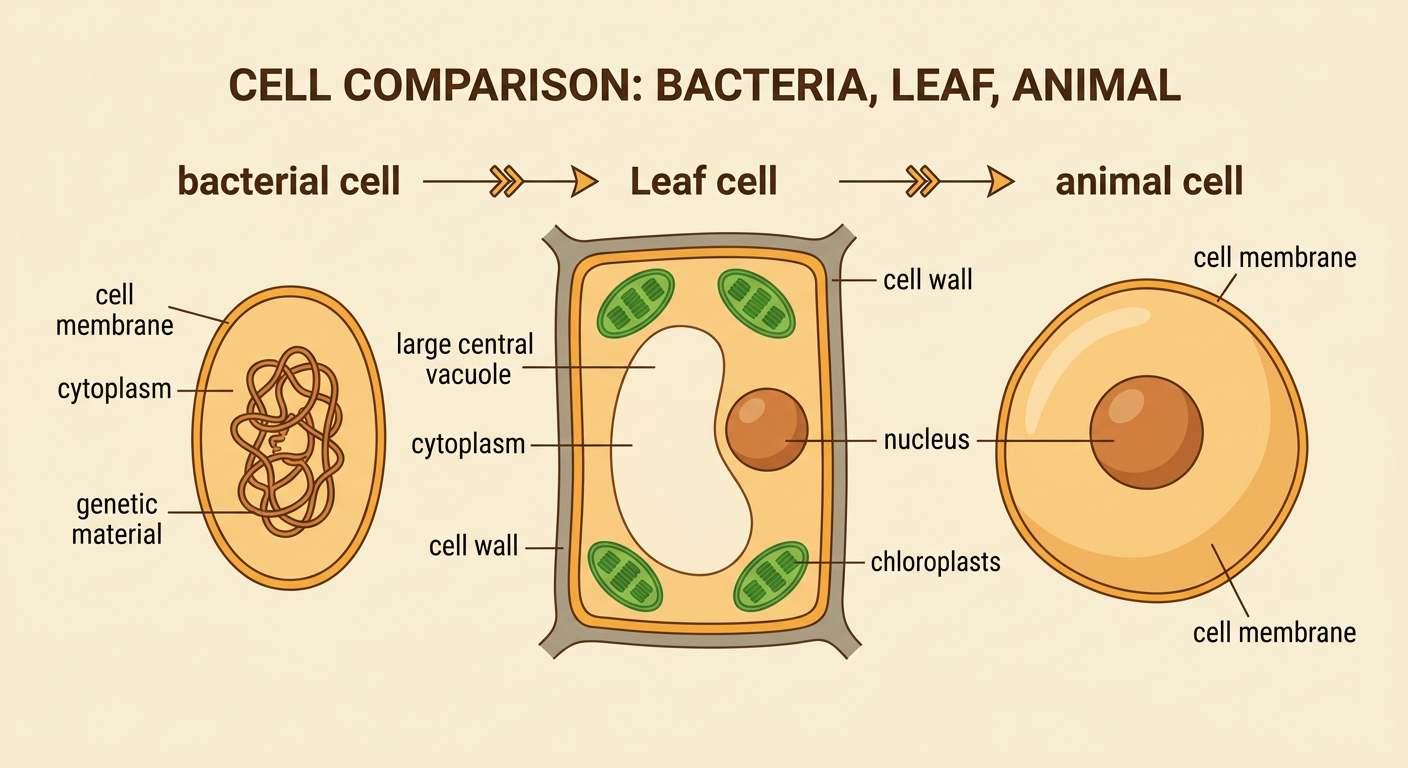 A side-by-side comparison of bacterial, plant, and animal cells shows shared structures and important differences.