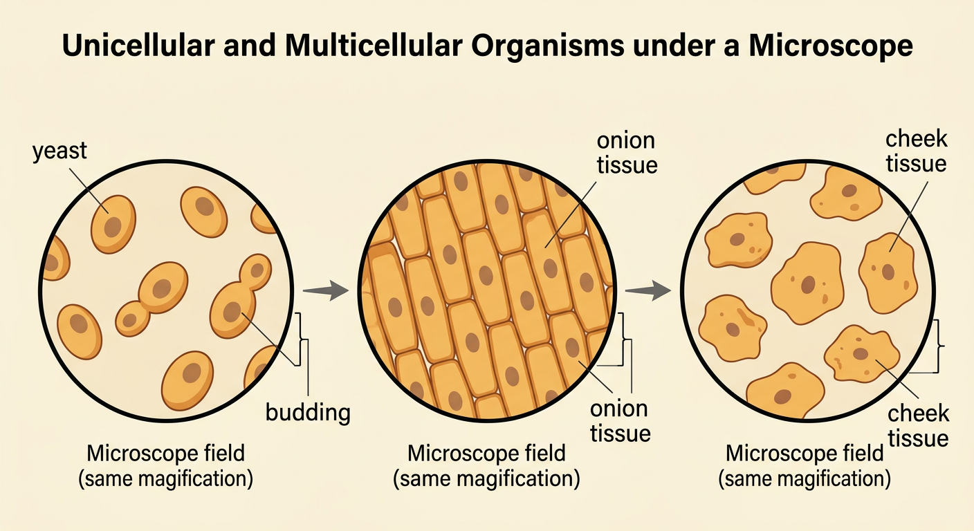 Equal-sized microscope viewing areas show budding yeast, pond protists, connected onion cells, and human cheek cells.