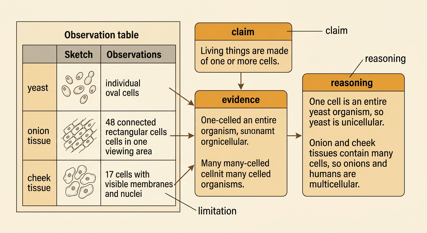 A completed investigation chart connects microscope observations to a claim, evidence, reasoning, and a limitation.