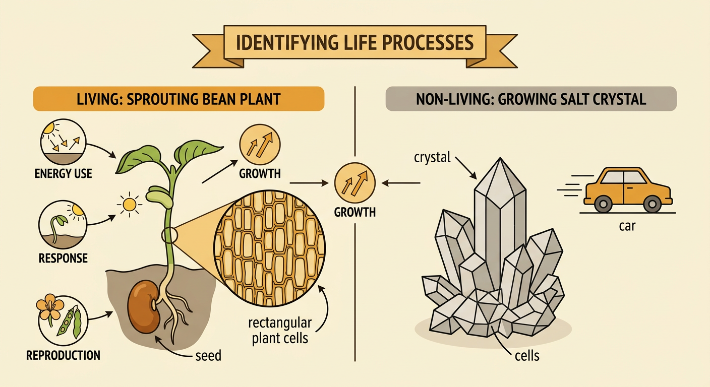 A seed sprouting beside a growing crystal and a moving car, with a magnified view of cells inside the sprout.