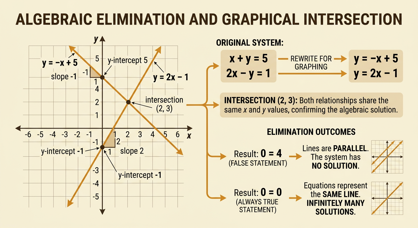 A coordinate graph shows the two rewritten lines with their slopes and y-intercepts, meeting at intersection (2, 3), alongside small examples of parallel and coincident lines.