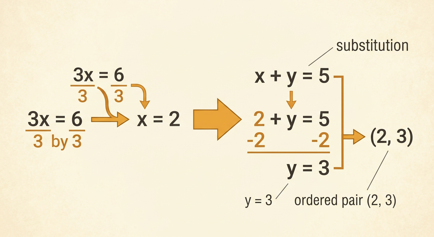A substitution flow shows 3x = 6 leading to x = 2, then x + y = 5 leading to y = 3 and the ordered pair (2, 3).