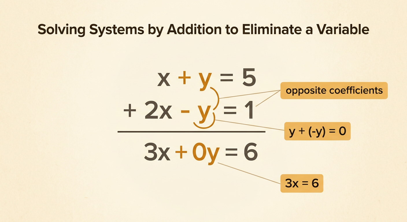 The aligned equations are added vertically, with the opposite y-terms canceling and the result simplifying to 3x = 6.