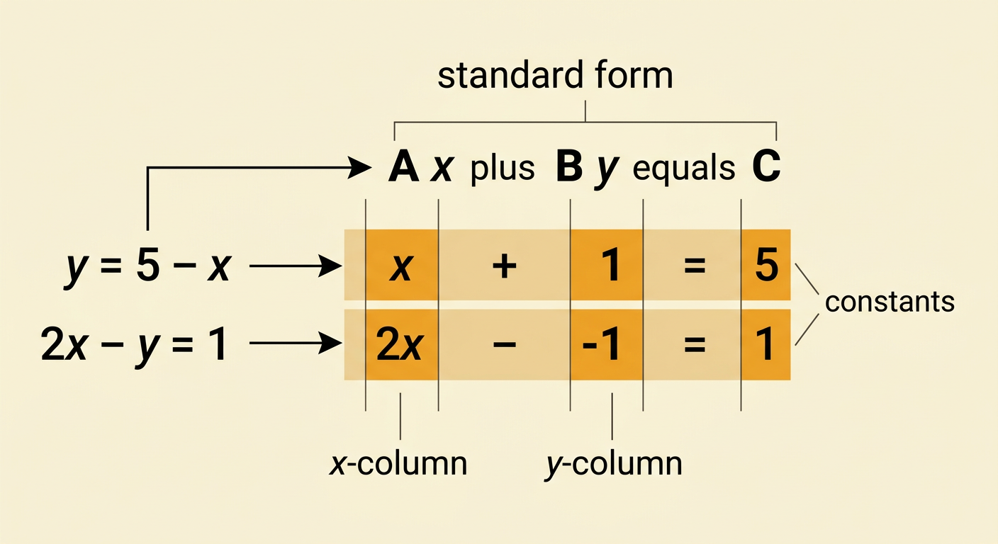 Two equations in standard form are stacked with matching x-terms, y-terms, equal signs, and constants in vertical columns.