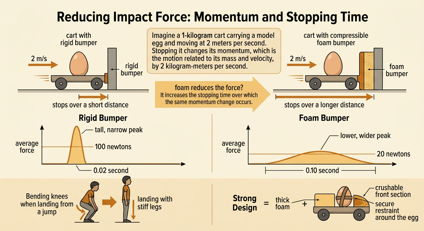 A model-egg cart is shown stopping with a rigid bumper and with a compressible foam bumper.