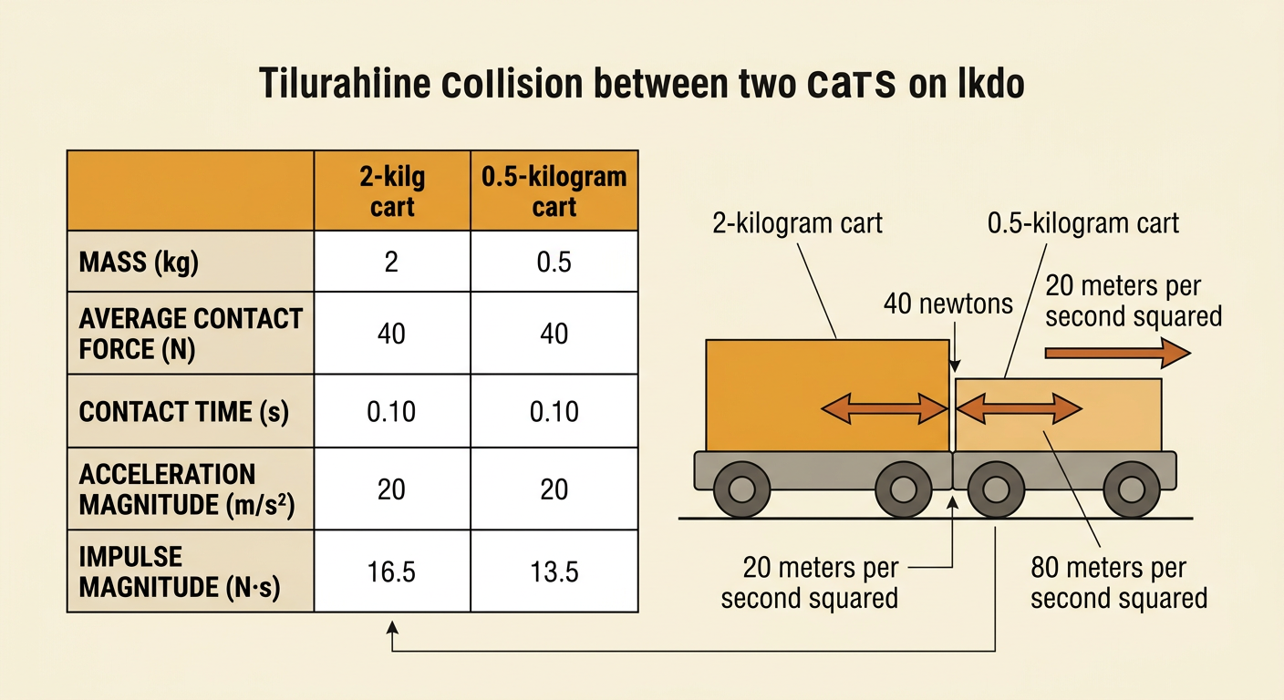Two different-mass carts collide while their force and acceleration data are displayed.