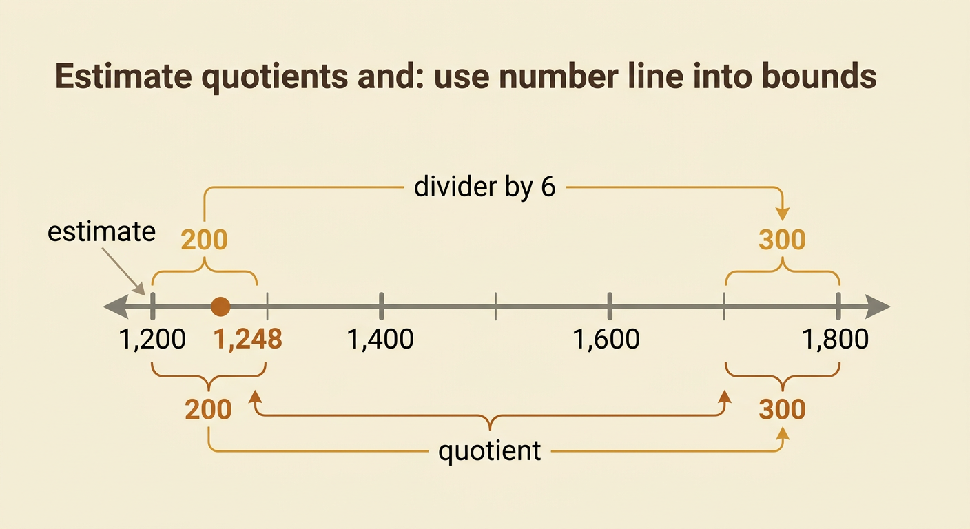 A number line places the quotient between 200 and 300, with 200 shown as the close estimate.
