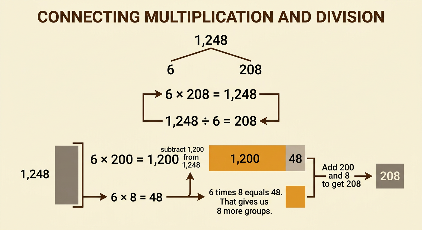 A division diagram breaks 1,248 into 1,200 and 48, then shows their combined quotient of 208.