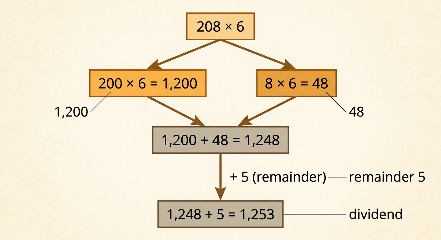 A multiplication check combines 1,200, 48, and the remainder 5 to return to the dividend 1,253.