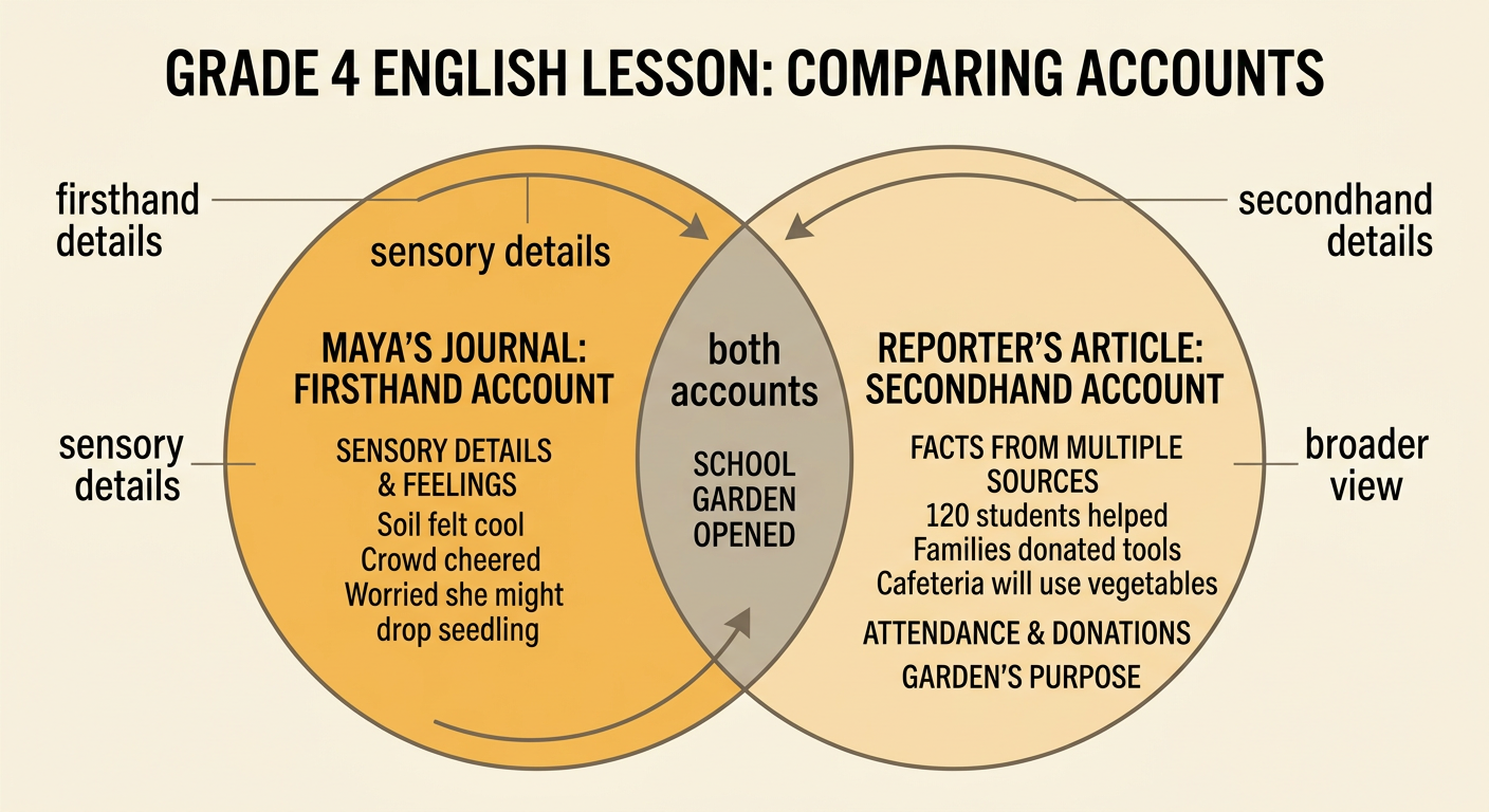 A Venn diagram compares Maya's sensory details with an article's broader facts about the same garden opening.